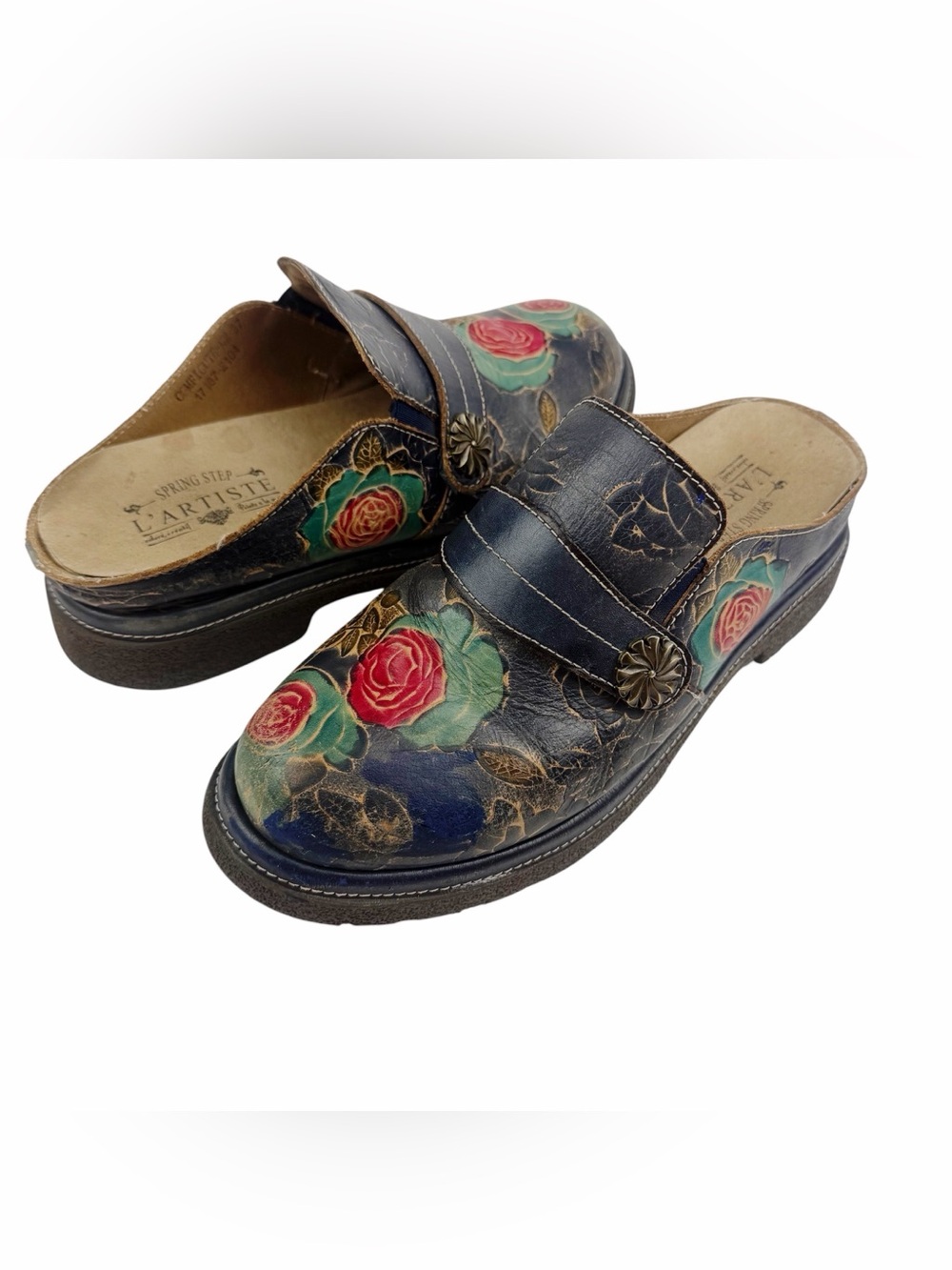 Spring Step L'Artiste Navy and Ted Leather Floral Rose Clogs